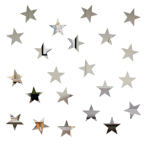 JIEYAO 50 Stück Sternspiegel Wandaufkleber, Silber Sterne 3D Wandtattoo Acryl Sterne Abziehbilder Abnehmbare Spiegel Sticker Selbstklebend Sterne Aufkleber für Wohnzimmer Schlafzimmer DIY Wanddeko
