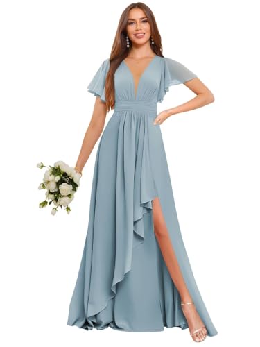 Image of Deep V Neck Chiffon Bridesmaid Dresses Ruffle Formal Dress with Sleeves Pleated High Low Evening Gowns for Women