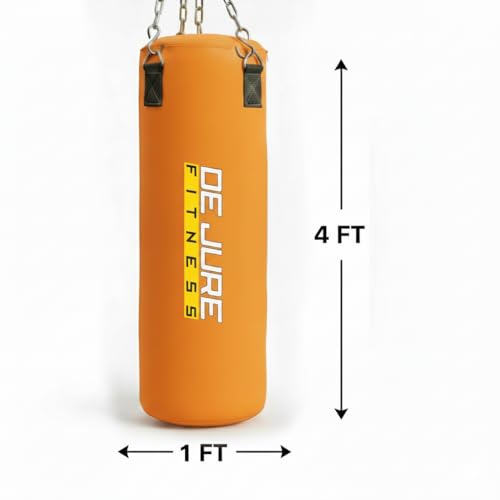 Image of De Jure Fitness Heavy Duty 4 Ft Punching Bag with Rust-Proof Stainless Steel Hanging Chain | Durable Polyester Fabric | Comfortable Recycled Filling | Boxing MMA, Kickboxing - Orange, 4 Ft