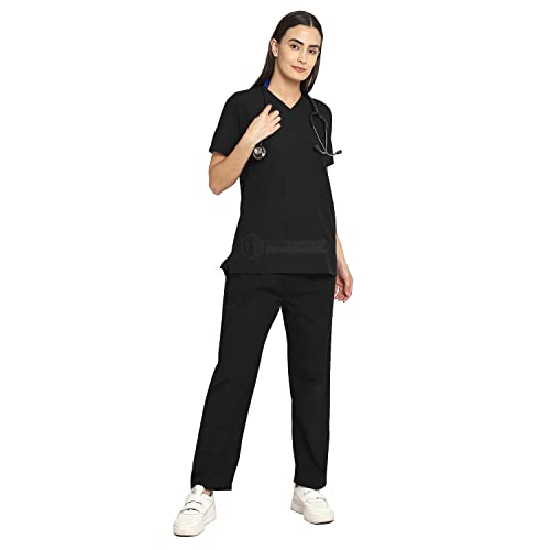 Image of IS IndoSurgicals Faux Wrap Scrub Suits for Doctors Women OT Dress (S, Black)
