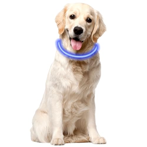 Voarge Collare luminoso per cane - Ricaricabile - Con 3 modalità di illuminazione - LED regolabile in lunghezza - Per cani di taglia media e grande - Blu