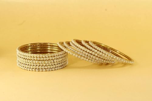 Image of NMII Glass Golden Beads & Pearls Moti Work Designer Bangles Set For Women & Girls | Kanch ki Chudi Set | Girl's Bangles Bracelet | Glass Bangles | Daily, Wedding, Party, Fashion Jewellery- Set of 12