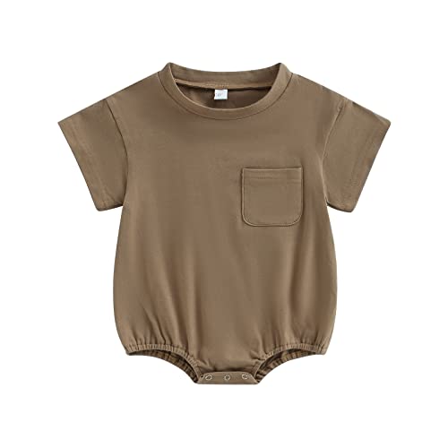 Image of AEEMCEM Baby Boy Girl Oversized T-Shirt Bubble Romper Solid Color Short Sleeve Pocket Bodysuit Top Summer Clothes