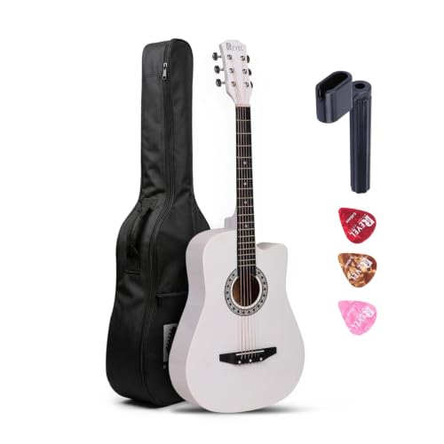 Image of Revel 38 Inch Acoustic Guitar Cutaway Wooden Guitar with High-Gloss Finish, Steel Strings, Smooth Tuning Pegs, Includes Carry Bag, Picks & Sting winder Guitar for Adults. (WHITE)