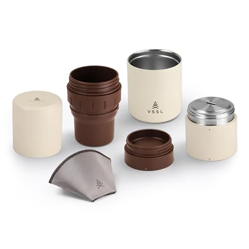 VSSL - Nest Pour Over Coffee Kit | Coffee Maker for Camping | All-In-One Travel Pour Over | Transportable Dripper, Two 10oz Stainless Steel Travel Mugs | Compact Storage & Adventure Ready | Cream