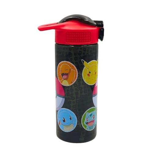 HOX Collection Pokémon 600ML Flip Up Straw Drinks Bottle Reusable BPA-free Plastic Water Bottle with Carry Loop Removable straw & spills Proof Pokémon licensed Merchandise Black