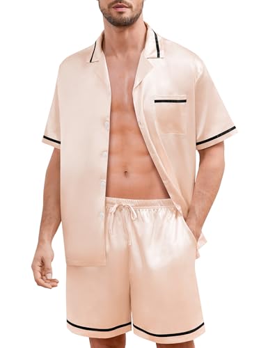 SWOMOG Men Satin Silk Pajamas Sets with Pockets Button-Down PJs Sets Short Sleeve Classic Sleepwear 2 Piece Loungewear