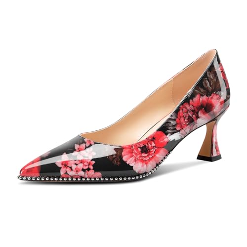 Image of TNYNFBEB Womens Mid Kitten Heel Pointed Toe Pumps Slip-on Silver Beaded Prom Party Dress Patent Leather 2.6 Inches Heels