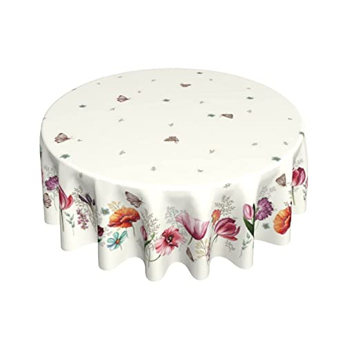 Red Floral Tablecloth,Butterfly Meadow Table Cloth,Spring Table Cloth Waterproof Print Round Pioneer Woman Tablecloth Polyester 60 Inch Parties Covers For Kitchen Dinning Wedding,Indoor And Outdoor #TOP19
