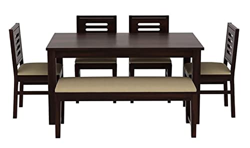 Woodstage Solid Sheesham Wood 6 Seater Dining Table Set with 4 Cushion Chair and 1 Bench for Dining Room Living Room Home (Walnut Finish)