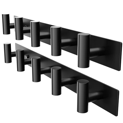 Black Wall Mounted Coat Rack – 5 T-Shaped Hooks on 16.5″ Rail, (2 Pack) | for Hanging Hats, Bags & Towels, Heavy-Duty Metal Hooks for Entryway, Bathroom, Closet, Bedroom