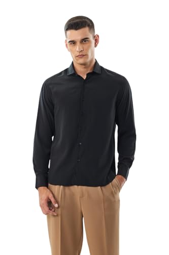 Image of SNITCH Men Casual Shirt | Regular Fit Full Sleeve Spread Collar Solid Design | Premium Polyester Viscose Blend & Lightweight Fabric for Office & Outings