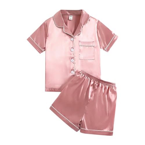 Kids Boys Girls Short Sleeve 𝗦ilk 𝐏a𝐣ama Set Button Down Satin 𝐏ajamas with Shorts Plain Sl𝐞epwear Summer 𝐏𝗝s