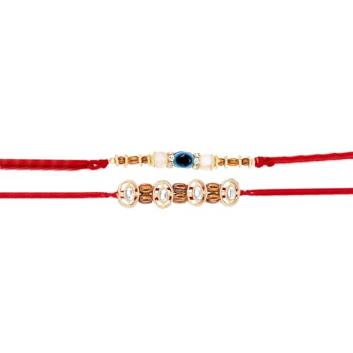 Image of Peora Evil Eye & Crystals Studded Rakhi for Brother Bhaiya | Red Thread | Raksha Bandhan Hamper with Roli Chawal Greeting Card