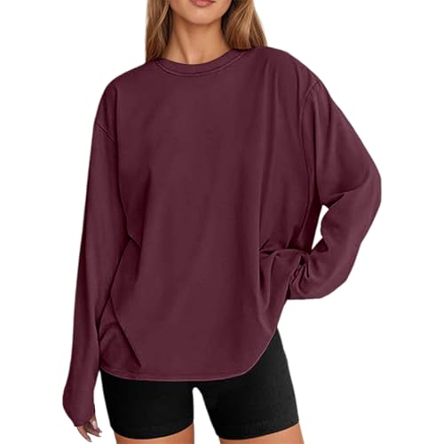 Camiseta de manga larga de gran tamaño, informal, básica, con cuello redondo, para uso diario, Vino, XS
