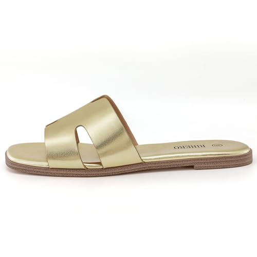 Image of Rihero Flat Sandals Women Dressy Comfortable Slip On Leather Slide Sandals