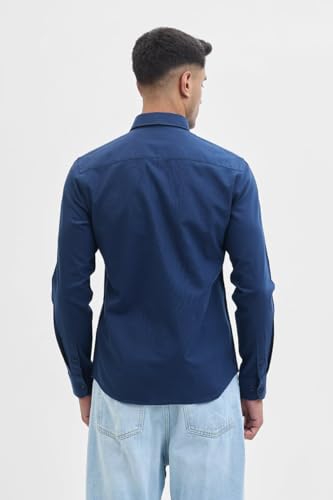 Image of SNITCH Navy Solid Front Pocket Slim Fit Shirts