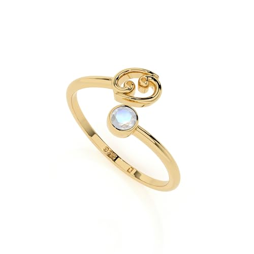 LUSTRE AND LIGHT Natural Rainbow Moonstone Stackable Ring for Women with Cancer Zodiac Sign in Sterling Silver (Yellow Gold Vermeil), Birthstone Jewelry Gifts for Her (US-7, Bezel-Set)