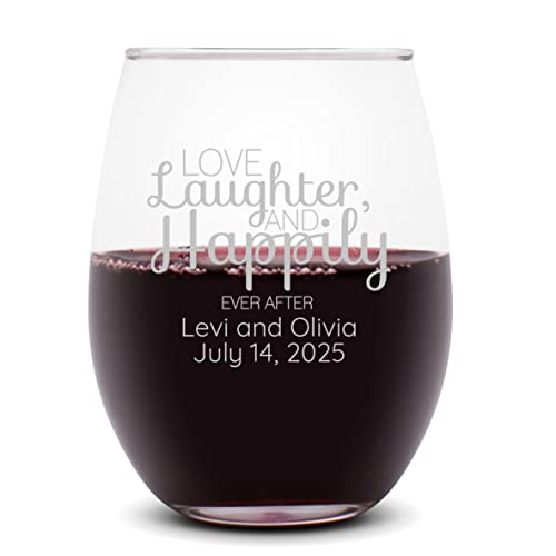 Love Laughter and Happily Ever After 9 Ounce Stemless Wine Glass, Custom Engraved Wine Glass, Case of 24, Bridal Shower Wedding Favor