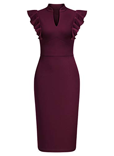Image of Knitee Women's Vintage Ruffle Sleeve V-Neck Bodycon Evening Party Cocktail Pencil Sheath Dress