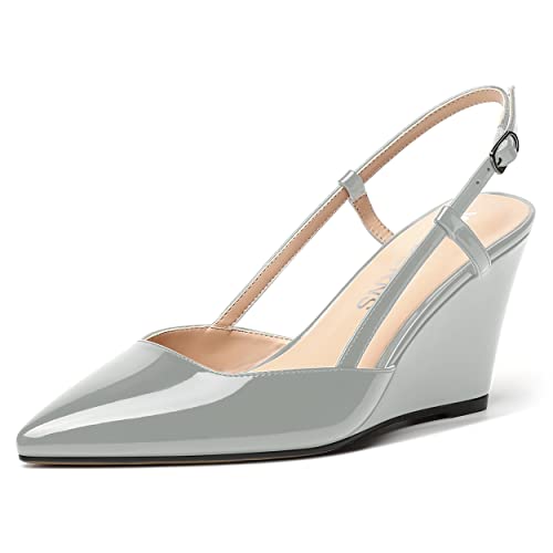 WAYDERNS Women's Ankle Strap Party Patent Adjustable Strap Solid Pointed Toe Buckle Slingback Fashion Wedge High Heel Pumps Shoes 3.3 Inch