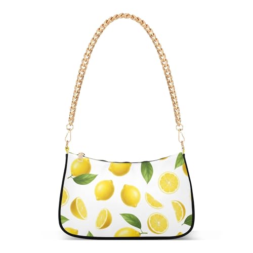 Yellow Lemons Green Leaves White Colorful Shoulder Bag for Women Evening Bags Purse Chain Strap Zipper Medium Cute Purse