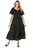 Woman Within Women's Plus Size Crochet Trim Tassel-Tie Dress - 18 W, Black