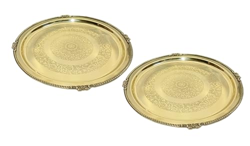 Image of A & H ENTERPRISES Designer Brass Plate for Dinner /Thali /Brass Plate for Pooja Heavy Big Size Plate Dinnerware Serveware (Beautiful Floral Design, 30 cm) - Set of 2 Pc Dinner Plate