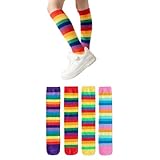 ANNIUP 4 Paar Regenbogen kniestrümpfe mädchen,gestreifte kindersocken,Bunte Oberschenkel Hohe Socken Bein Strumpf,coole kindersocken,pride socken