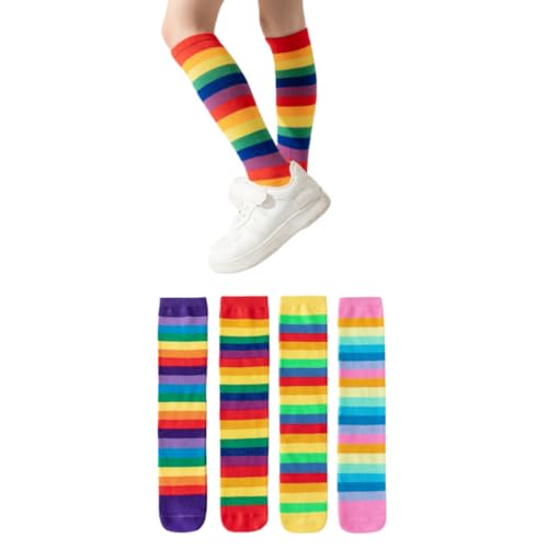 ANNIUP 4 Paar Regenbogen kniestrümpfe mädchen,gestreifte kindersocken,Bunte Oberschenkel Hohe Socken Bein Strumpf,coole kindersocken,pride socken