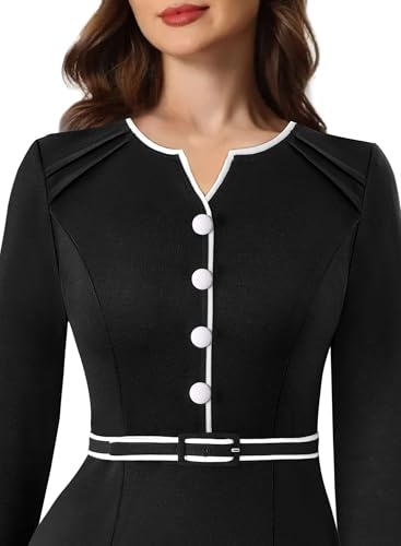 VFSHOW Womens Work Office Business Pleated Notch V Neck Buttons Fitted Belted Pencil Sheath Dress3