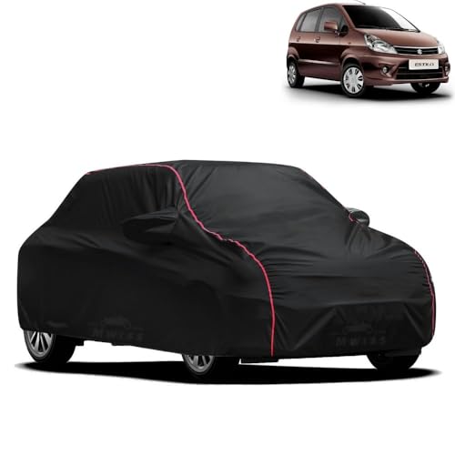 Image of Waterproof Car Cover for Maruti Suzuki Estilo | All-Weather Protection, Dustproof & UV Resistant | Triple Stitched Mirror Pockets, Windproof Buckle Strap with Elastic Hem, Black-Red Piping