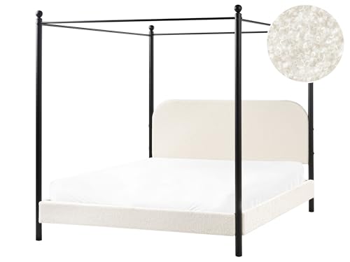 Beliani Lit à Baldaquin Minimaliste en Bouclé 160 x 200 cm Cadre Métallique Noir Lattes Bois de Peuplier Blanc Cassé Dannemois
