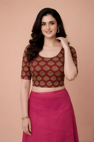 Image of Amazon Brand - Anarva Women's Kalamkari Print Cotton Stretchable Round Neck Readymade Saree Blouse