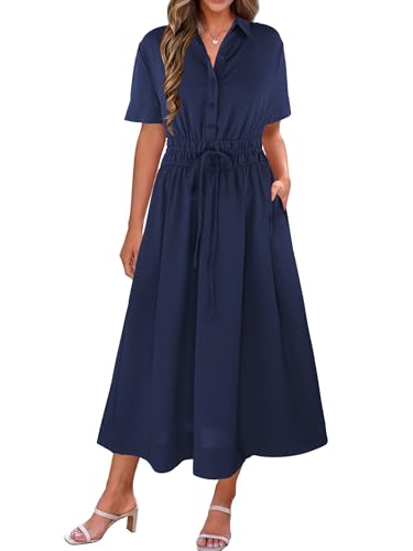 Image of ECOWISH Summer Maxi Dress for Women Casual Flowy V Neck Short Sleeve A Line Empire Waist Tiered Long Dresses with Pockets