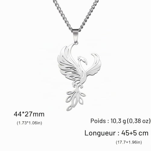 Dreamtimes Phoenix Colliers avec Pendentif Animal Géométrique et Naturel - Bijoux Cadeau pour Femmes et Hommes (Argenté) – vue 5