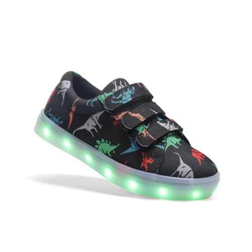 FabKids Light Up Shoes Boys Dinosaur Print Sneakers Black Fashion Lace Up Tennie Shoes for Big Kids Size 4