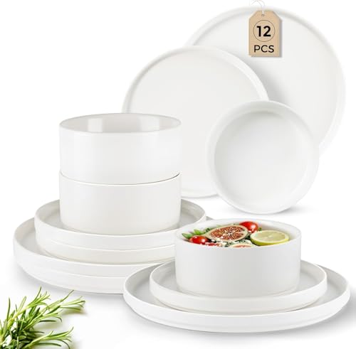 Image of GBHOME Ceramic Dinnerware Sets of 4,Stoneware Plates and Bowls Sets,Chip and Crack Resistant | Dishwasher & Microwave Safe Dishes Set,Scratch Resistant- Service for 4 (12pc)-White