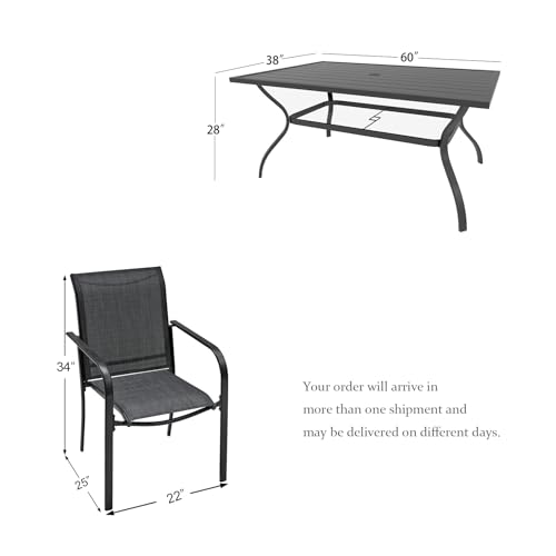 Image of Anmutig 7-Piece Outdoor Patio Dining Set, 60 inch Anti-Rust Powder Coated Steel Table with 2-Size Umbrella Hole, 6 Stackable Textilene Chairs, Dark Grey for Garden Backyard