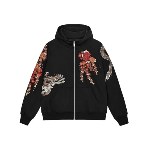 Sweat à capuche zippé homme coupe ample confortable avec motif dragon brodé