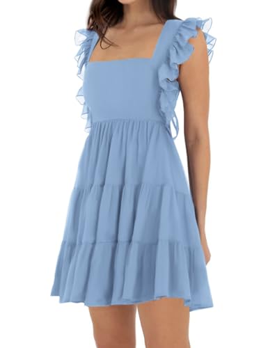 Image of Women's Summer Square Neck Tie Back Ruffle Sleeve Tiered Casual A-Line Short Mini Dress
