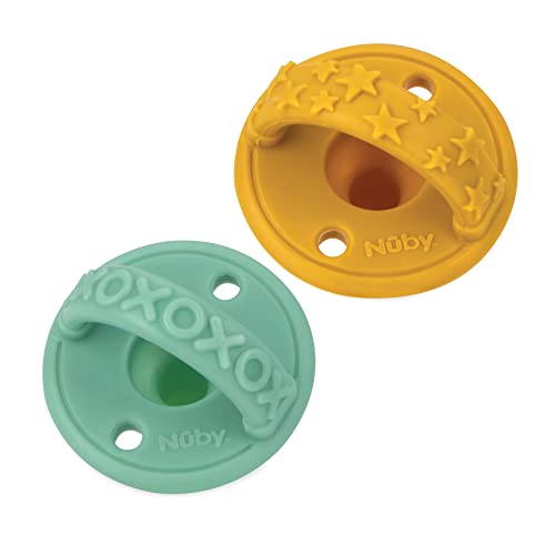 Nuby 3-D Sili Soother Pacifiers with Soft Handle and Two Safety Air Holes, 2 Pack, 0+ Months, Yellow Stars and Aqua XOXO
