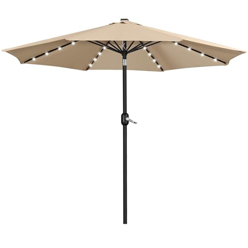 Yaheetech 11FT Solar Umbrella Lighted Patio Umbrella w/Tilt & Crank Lift System, Outdoor Market Sunshade with 32 LED Lights for Pool, Porch, Garden, Deck, Backyard, Tan