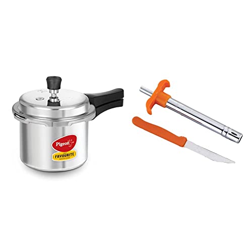 Image of Pigeon by Stovekraft Favourite Outer Lid Non Induction Aluminium Pressure Cooker, 3 Litres, Silver & Pigeon by Stovekraft Gas Lighter Smart with free 1 knife