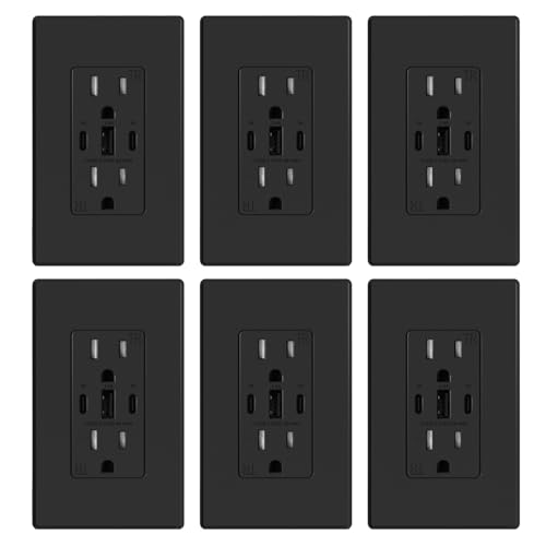 Image of ELEGRP USB Outlets, 30W 6.0 Amp USB C Outlets Receptacles, 3-Port USB Wall Outlet, 15 Amp Tamper-Resistant Outlet with 2 USB C Ports, UL Listed, Screwless Wall Plate Included, 6 Pack, Matte Black