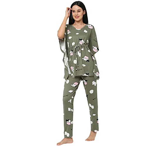 Image of Sweet Dreams Women Printed V-Neck Flared Sleeve Poly Brush Kaftaan & Pyjama Set