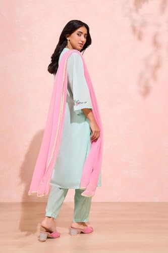 Image of Taneira Women Light Green Pure Viscose Embroidered Kurta Set