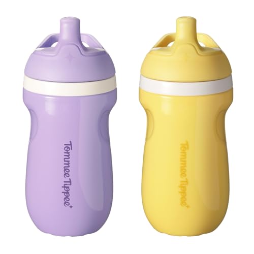 Tommee Tippee Insulated 9oz Sporty Spout Toddler Water Bottle, No Spill, Sippy Cups for Toddlers 1-3, Two-Piece Valve Helps Stop Spills, Yellow & Purple, BPA Free, Pack of 2 by Tommee Tippee - Used condition - US$10.39