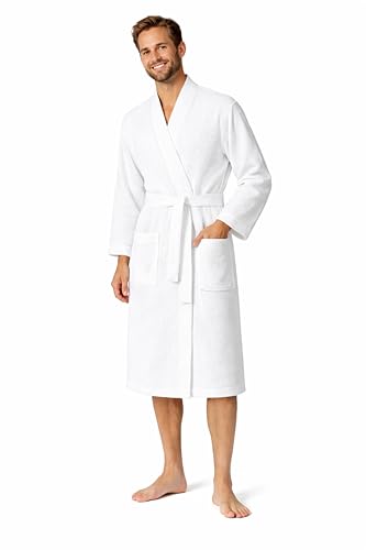 Image of Turkish Linen Men's Waffle Bathrobe Lightweight Kimono Spa Robe - Quick Dry Bath & Shower Robe for Men with Pockets