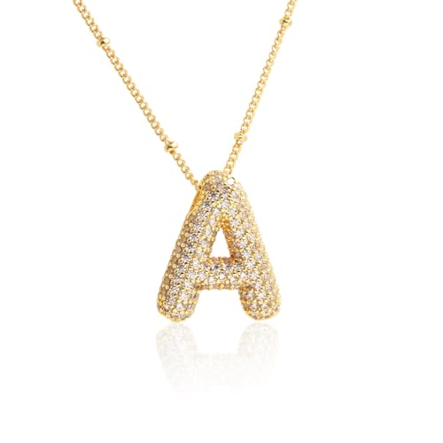 18k Gold Plated Dainty Cubic Zirconia Bubble Alphabet 26 A-Z Letter Necklace, Personalized Name Necklace,Balloon Initial Necklace for Women Female